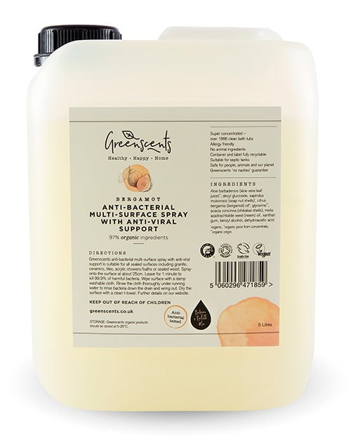 Anti-bacterial multi-surface spray with anti-viral support