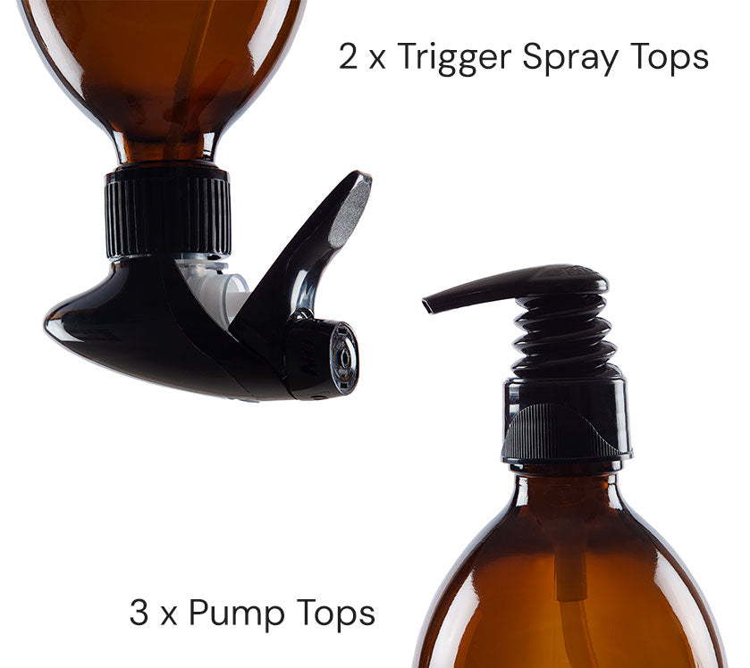 Two greenscents  glass bottles with different types of tops on a white background
