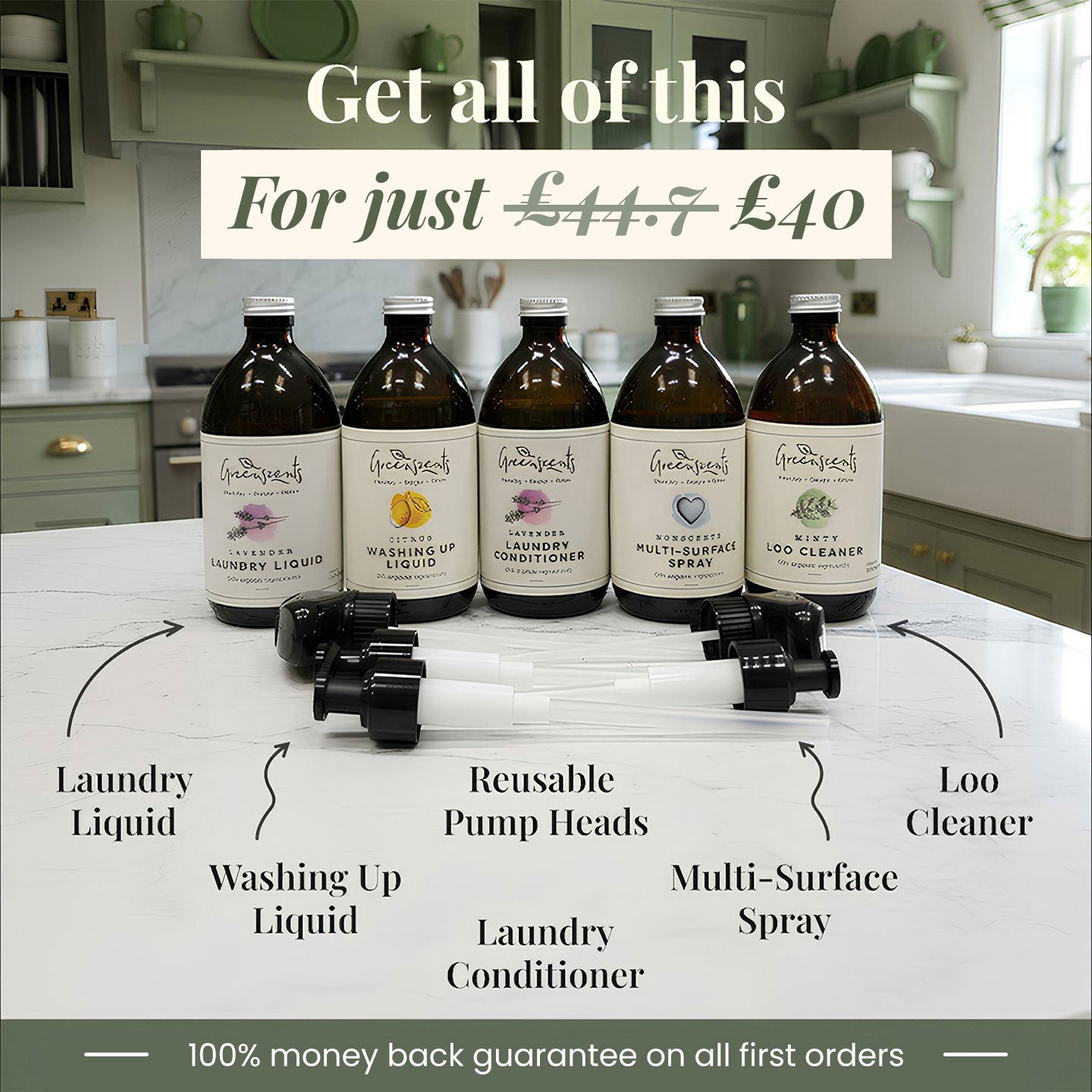 Greenscents Discovery Set – Organic Cleaning Starter Kit | 5 Essentials with Pumps & Triggers