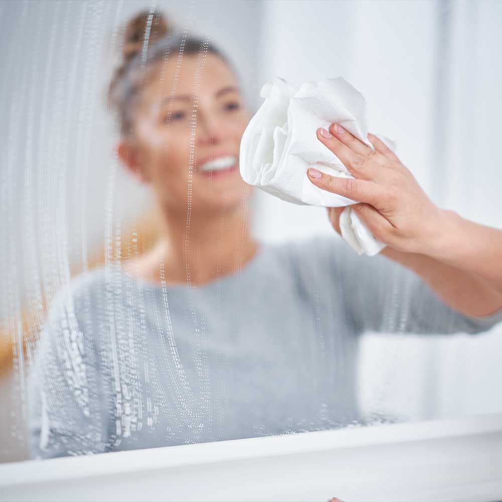 Woman cleaning a bathroom mirror with a white cloth.