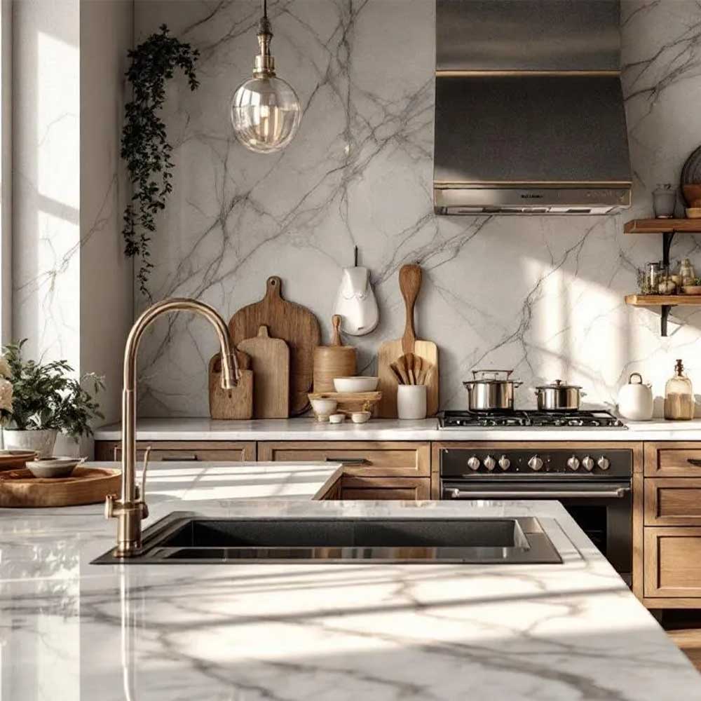 Modern kitchen with marble countertops and backsplash, stainless steel appliances, and wooden utensils.