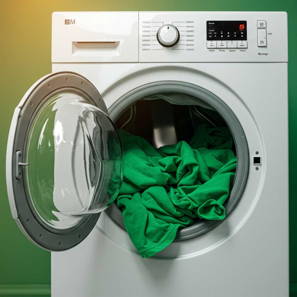 White washing machine with green clothes inside on a gradient background