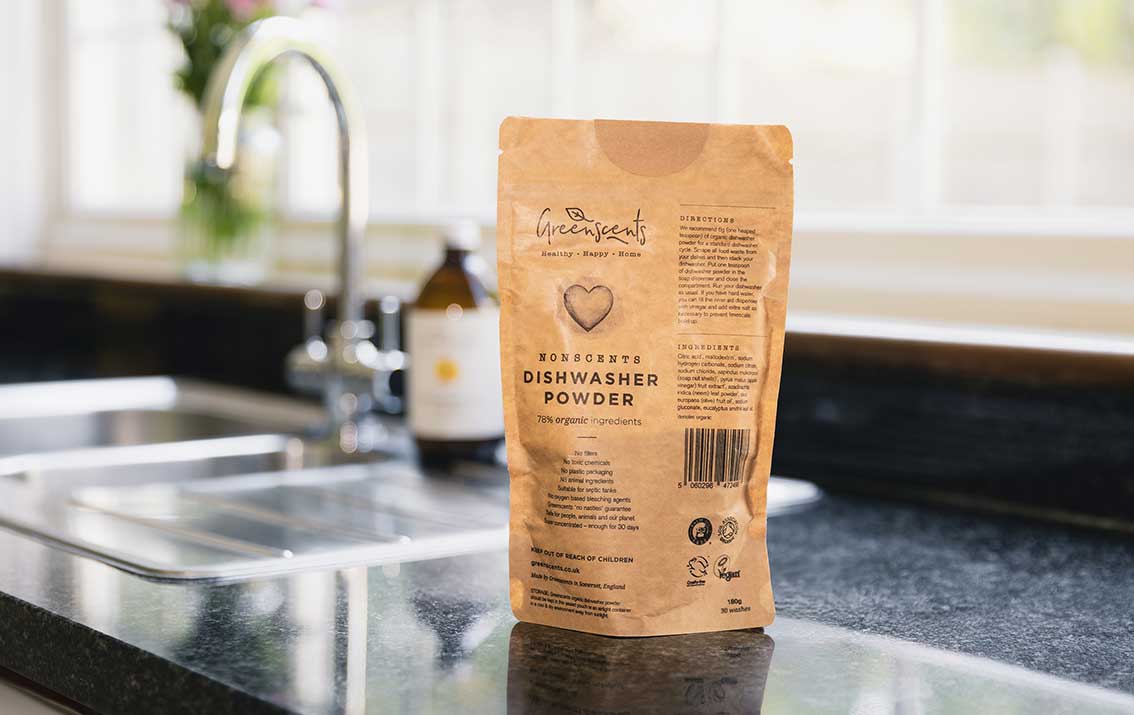  bag of greenscents dishwasher powder on a kitchen counter