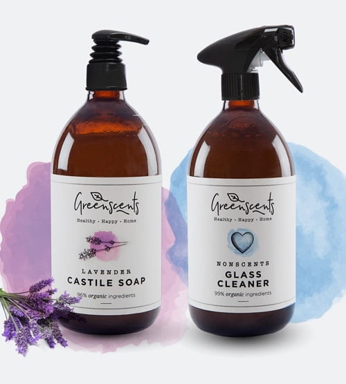Greenscents category image Accessories. Castile Soap and Glass Cleaner with spray heads pack shot